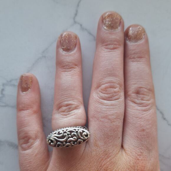 Sterling Silver Open Filigree Sideways Beaded Scroll Ring 7.25 womens vintage - Picture 6 of 7